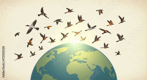 A Flock of Birds Migrating in Formation Over the Globe