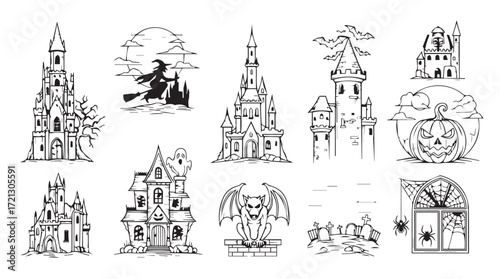Collection of spooky haunted castles and witch silhouettes for halloween holiday design and decor silhouette