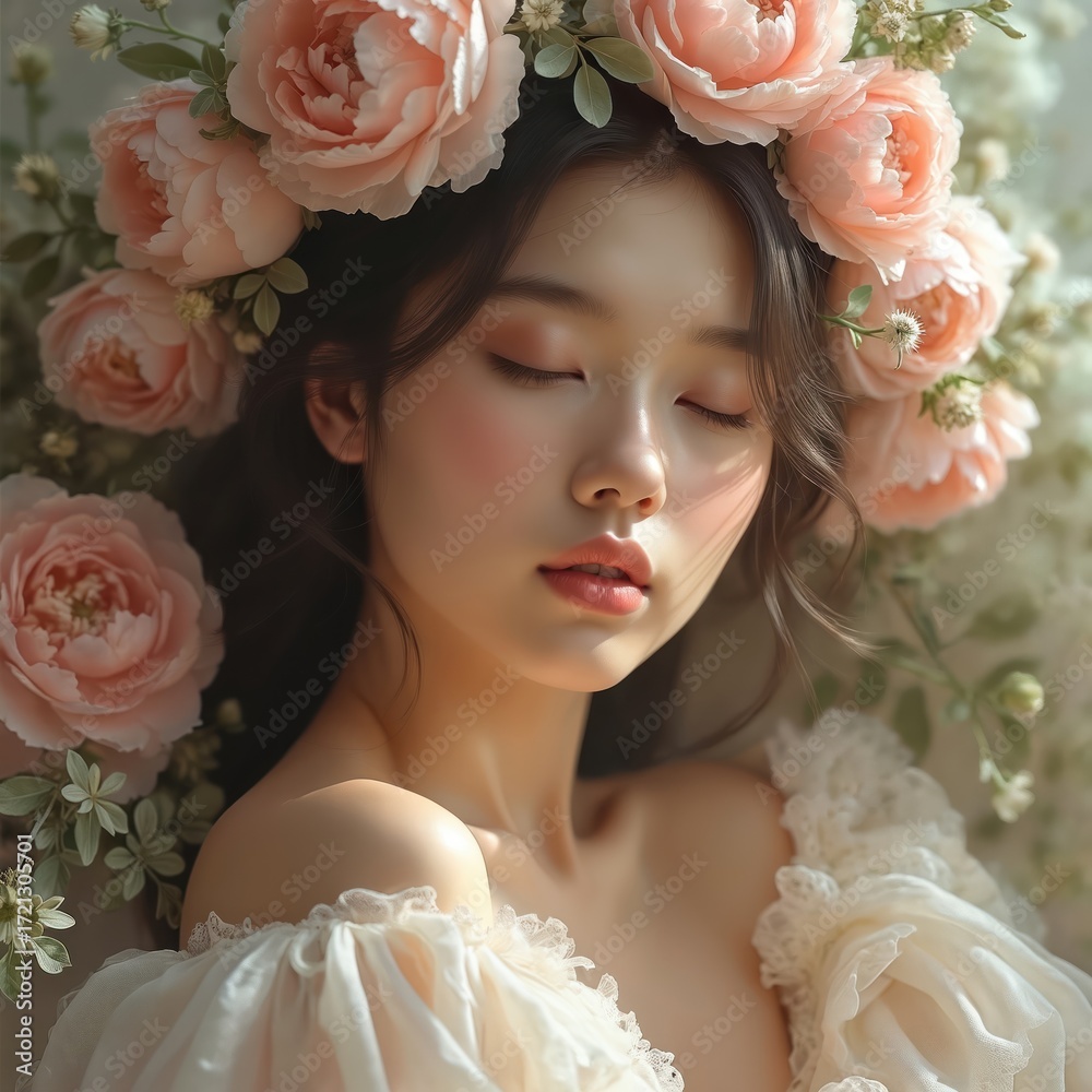 Naklejka premium Illustration of young woman with eyes closed, adorned with floral crown of soft pink roses. Delicate features, serene expression evoke sense of peace, natural beauty. Pastel color palette, gentle