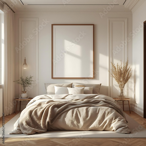 Serene Bedroom Interior: A minimalist bedroom showcases a cozy bed with a warm blanket, a framed blank canvas, and decorative plants, creating a serene and inviting atmosphere.