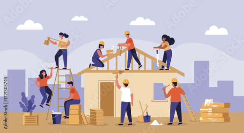 Construction Team Building New Roof With Diverse Workforce