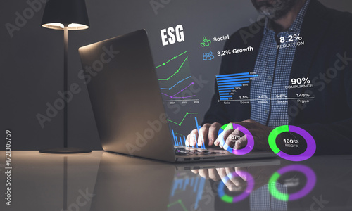Analyst reviewing a corporate ESG dashboard with Environmental, Social, and Governance data