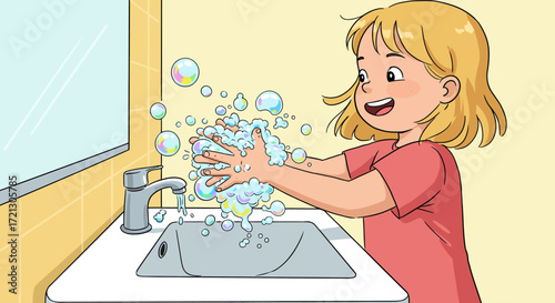 Cheerful kid washing hands thoroughly for good hygiene with soap