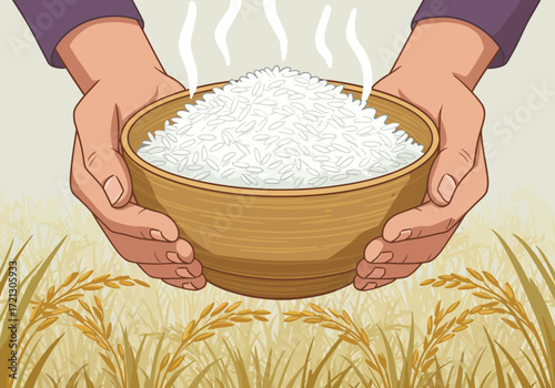 Bowl of Steaming Rice Held by Hands Over Golden Field