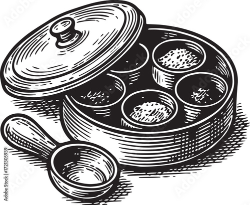 Vintage etching of masala spice box with lid and spoon in black and white style