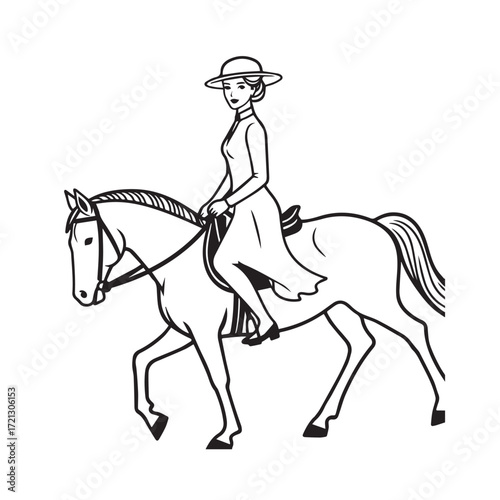 Black and white line art of a beautiful woman with perfect body riding horse elegant minimalist illustration
