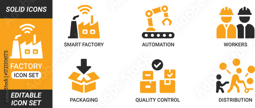 Editable factory icon set vector