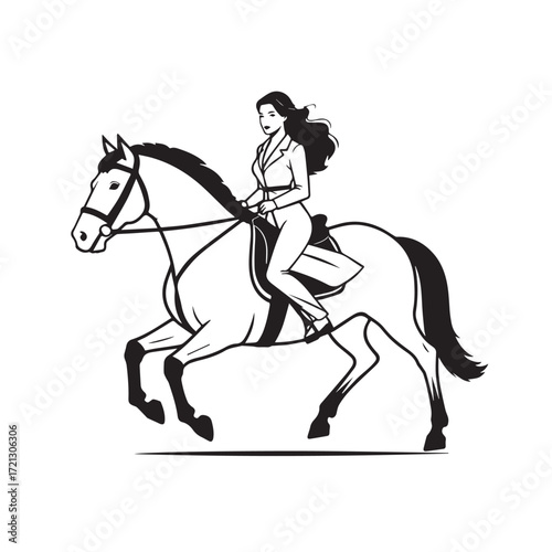 Black and white line art of a beautiful woman with perfect body riding horse elegant minimalist illustration