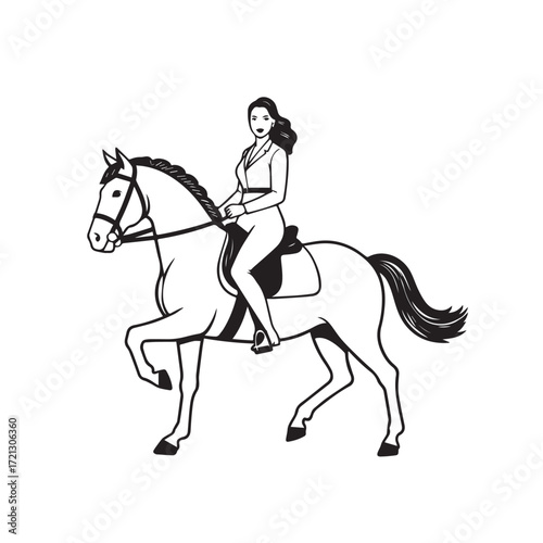 Black and white line art of a beautiful woman with perfect body riding horse elegant minimalist illustration