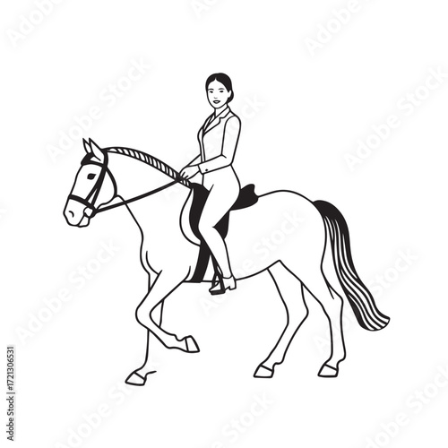 Black and white line art of a beautiful woman with perfect body riding horse elegant minimalist illustration