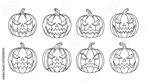 Collection of hand drawn jack o lantern faces for halloween celebration silhouette