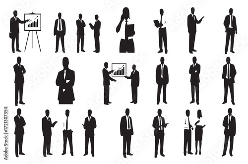 Business People Silhouettes in Various Poses | Collection of Black and White Figures for Corporate Presentations and Design Elements