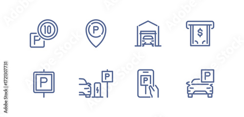 Set of parking related icons, parking garage, parking spaces, car park, paid, underground parking garage and linear variety vectors.