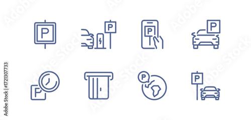 Set of parking related icons, parking garage, parking spaces, car park, paid, underground parking garage and linear variety vectors.