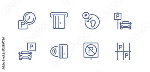 Set of parking related icons, parking garage, parking spaces, car park, paid, underground parking garage and linear variety vectors.