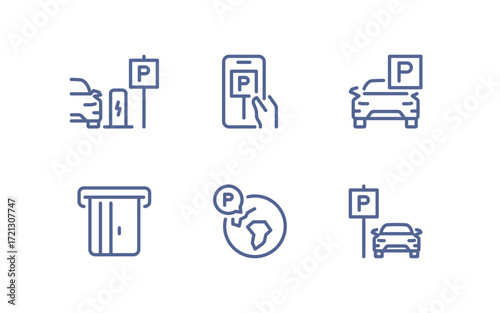 Set of parking related icons, parking garage, parking spaces, car park, paid, underground parking garage and linear variety vectors.