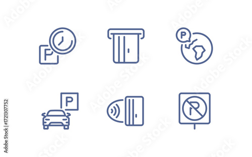 Set of parking related icons, parking garage, parking spaces, car park, paid, underground parking garage and linear variety vectors.