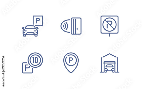 Set of parking related icons, parking garage, parking spaces, car park, paid, underground parking garage and linear variety vectors.