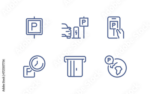 Set of parking related icons, parking garage, parking spaces, car park, paid, underground parking garage and linear variety vectors.