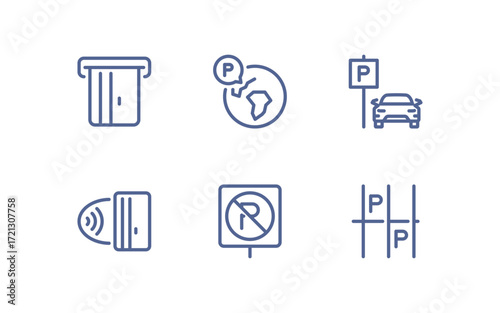 Set of parking related icons, parking garage, parking spaces, car park, paid, underground parking garage and linear variety vectors.