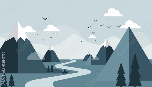 Mountainous Serenity: The image showcases a serene landscape of majestic mountains and rolling hills, with a gentle river meandering through a valley. Clouds, birds.