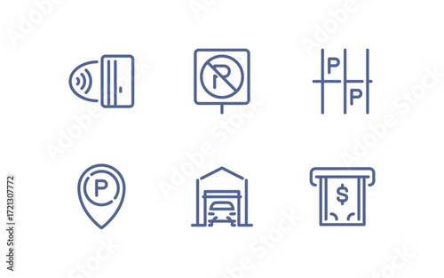 Set of parking related icons, parking garage, parking spaces, car park, paid, underground parking garage and linear variety vectors.