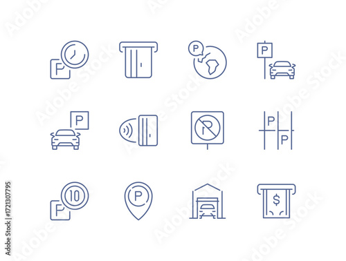 Set of parking related icons, parking garage, parking spaces, car park, paid, underground parking garage and linear variety vectors.