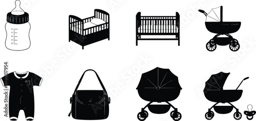 Baby care icons, stroller, bottle, crib, onesie, diaper bag, infant essentials, newborn clothing, childcare symbols, parenting design, baby product illustration