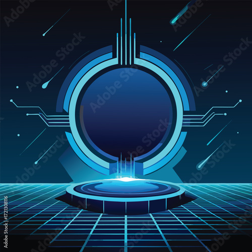 Futuristic Digital Podium with Glowing Circle and Meteors