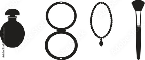 Beauty products perfume mirror necklace makeup brush essentials