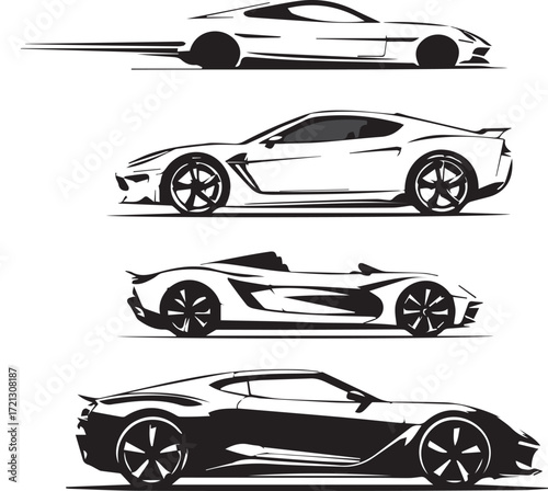 Black and white vector set of sleek sports car silhouettes with aerodynamic side profiles for auto design themes