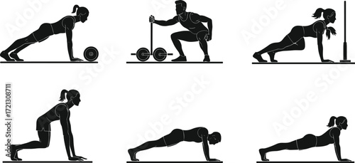 Fitness exercise icons, strength training, plank, deadlift, push-up, vertical jump, sprinter start, leg core workout, gym silhouette symbols