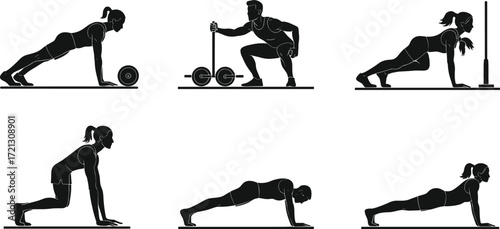 Fitness exercise icons, strength training, plank, push-up, squat, barbell lift, wall push, lunge, workout silhouette, gym routine symbols