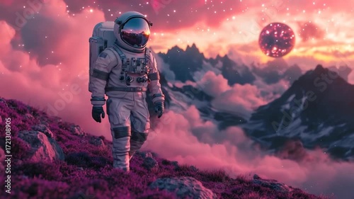 An astronaut strolls across a purple-hued alien landscape beneath a fiery celestial body.