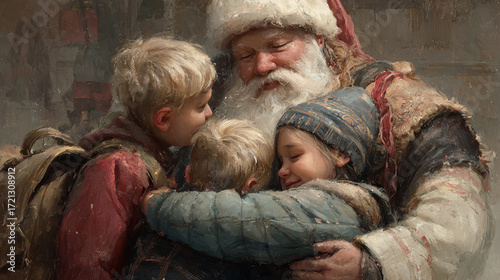 In this scene, a large, white bearded man, adorned in a holiday hat, is embracing three children. The children, bundled in winter attire, appear content and safe within his arms