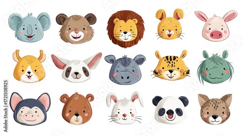 Colorful, cheerful cartoon illustrations of various animal faces, each with unique expressions