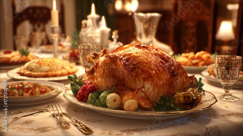 The scene depicts a formally set dining table laden with various dishes and adorned with candles, creating a warm and inviting atmosphere