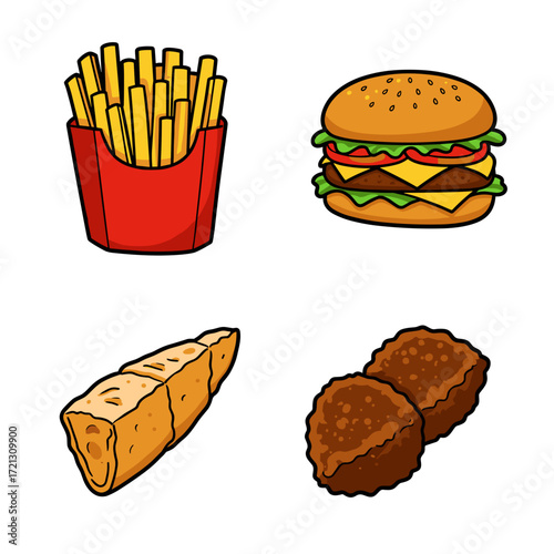 Collection of Street Food themed icons, including French Fries, Burger, Kebab, Falafel