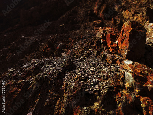 Autumn trend Burnt Wood. Burnt Wood color. Autumn style. Rock texture. Geodesy and geology. Burnt Wood tinted minerals.