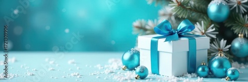 Elegant white gift, cyan bow, blue baubles, snowy tree, azure backdrop , ornaments, winter background, christmas decor