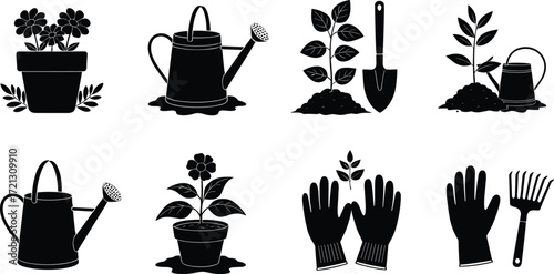 Gardening icons, flower pot, watering can, gloves, rake, trowel, soil care, plant growth, horticulture tools, outdoor garden maintenance symbols