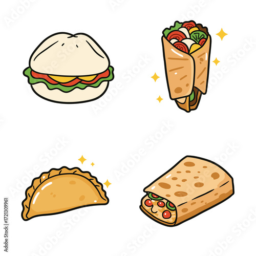 Collection of Street Food themed icons, including Bao Bun, Gyro, Empanada, Quesadilla