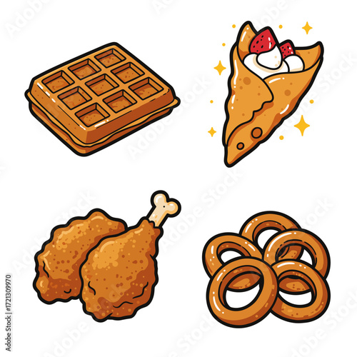 Collection of Street Food themed icons, including Waffle, Crepe, Fried Chicken, Onion Rings