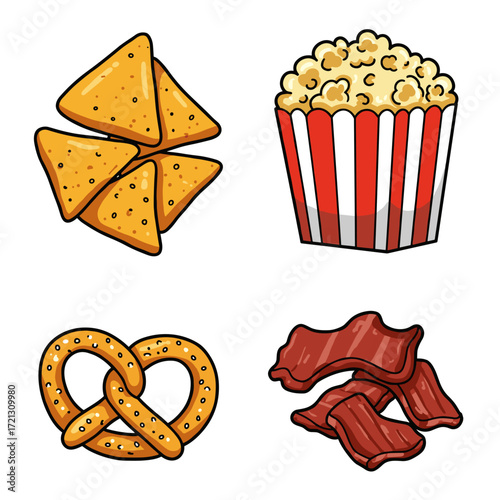 Collection of Street Food themed icons, including Nachos, Popcorn, Soft Pretzel, Jerky