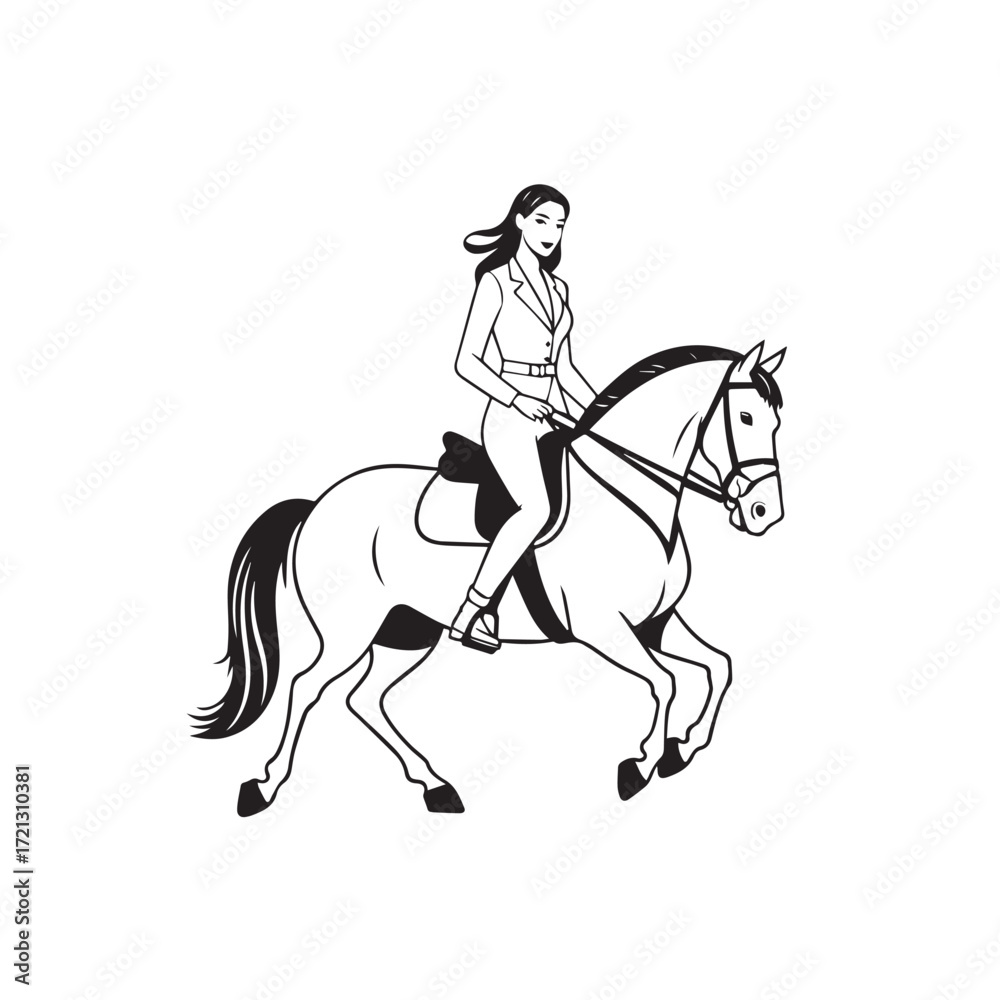 Obraz premium Black and white line art of a beautiful woman with perfect body riding horse elegant minimalist illustration