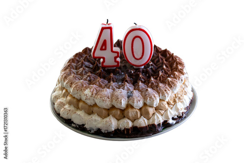 A chocolate cake with a candle on it that says 40