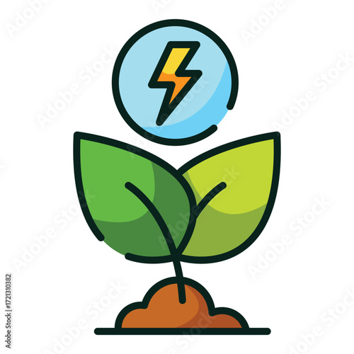 A plant with two leaves and a circle with a lightning bolt
