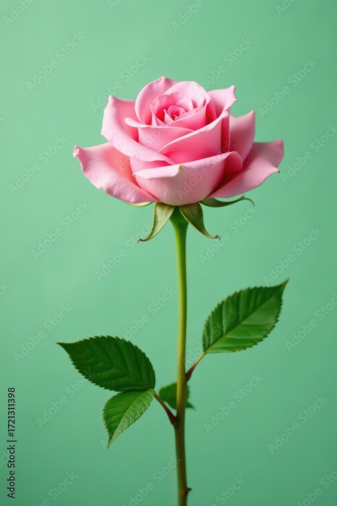 Obraz premium Single pink rose stem against a muted sage green backdrop Simple, natural floral design , soft, background, floral