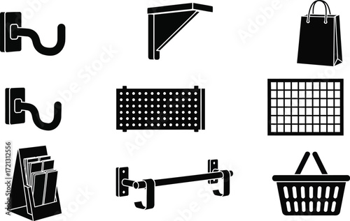 Shop retail display fixtures and store equipment vector icons