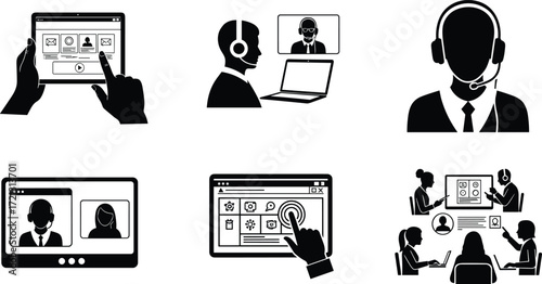 Virtual communication icons, online meeting, video call, customer support, remote work, collaboration, digital tools, teamwork, headset, conference symbols